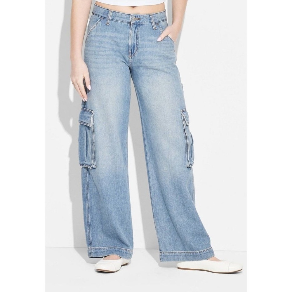 Y2K Grunge Revival Baggy Cargo Jeans Wide Leg Skater Pants Size 2 Blue 29x31
